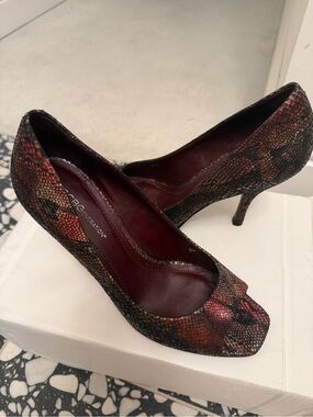 BCBGeneration Red and Brown Snakeskin Peep-Toe Pumps